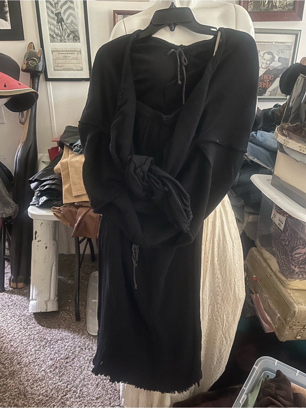 Everyday Black Long-Sleeve Midi Dress with Drawstring Detail